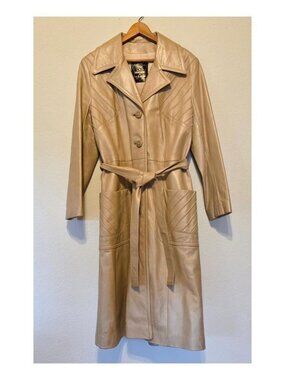 Vintage 70s Cream Leather Trench Coat Belted 🥂✨